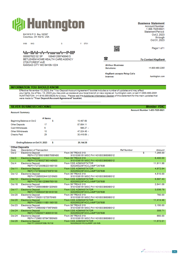 Download Huntington Bancshares corporate bank statement Word and PDF template Photoshop template